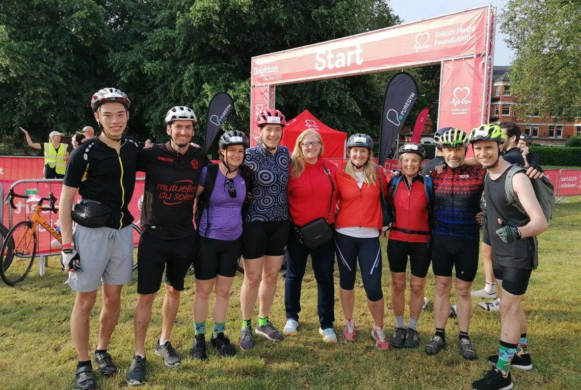 Team IDRM at the start of the bike ride L-R: Aaron Johnson, Christophe Ravaud, Jacinta Kalisch-Smith, Sarah De Val, Charmaine Griffiths, Samantha Smallwood, Svanhild Nornes, Allan Griffiths, and Trent Kalisch-Smith