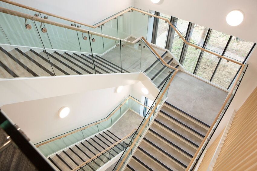 Downward view of the main glass staircase